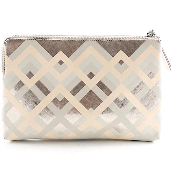 Stella & Dot Cosmetic Bag Makeup Pouch Metallic Grey Pink NWOT - Picture 2 of 11